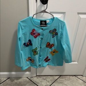 Michael Simon Blue Button Down Shirt with Sequin Butterfly Designs Large